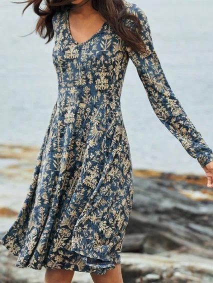 Floral V-Neckline Long Sleeve Knee-Length A-line Dress