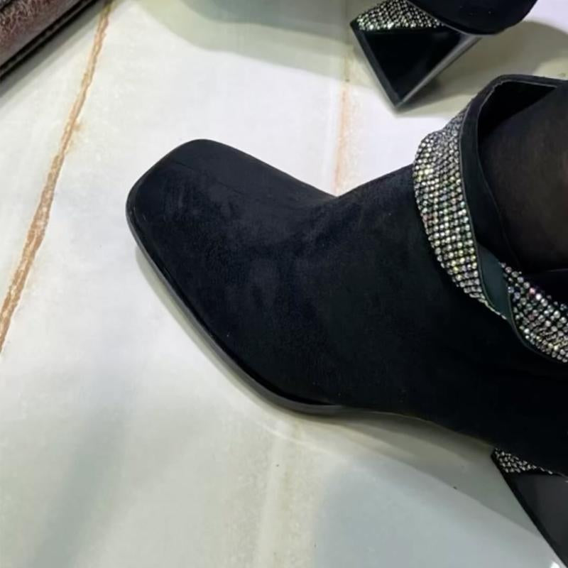 Rhinestone Sparkle Thick Heel Ankle Boots