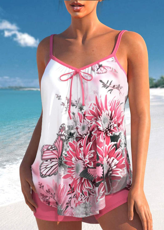 Tankini-Bademode mit mittelhohem Bund und Blumenmuster in Rosa mit Schleife 