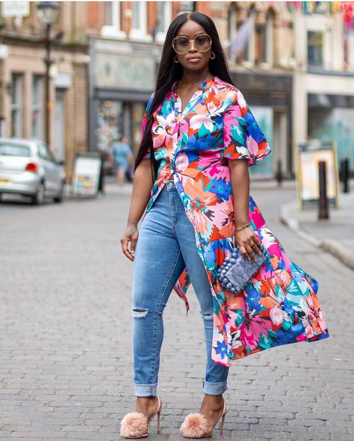 Large Floral Button Through Tiered Dress