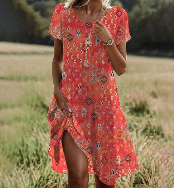 Orange Short Sleeve Round Neck Midi Dress