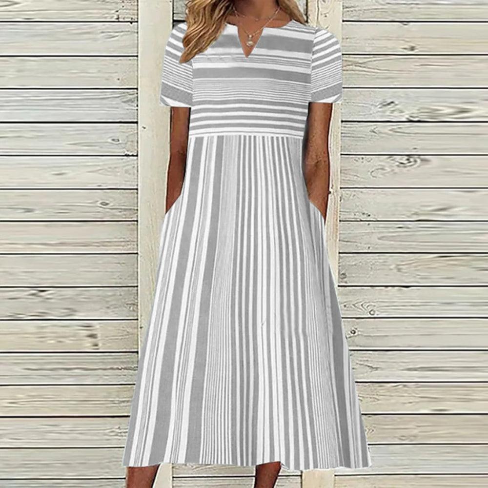 Irregular Stripe Printed V-neck Pocket Dress