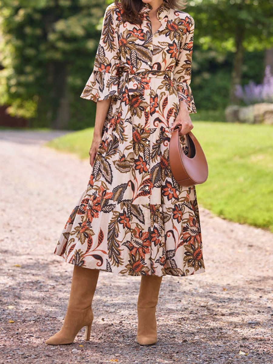 Ruffle Mock Neck Long Sleeve Floral Print Belted Midi Dress