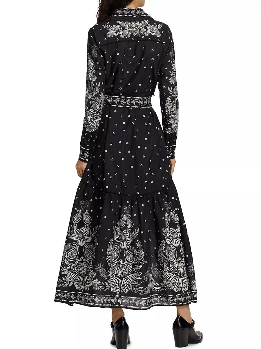 Printed Long Sleeve Lace Up Maxi Dress