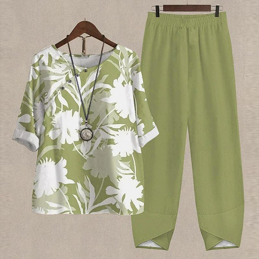 Safari Green White Floral Print Two Piece Set