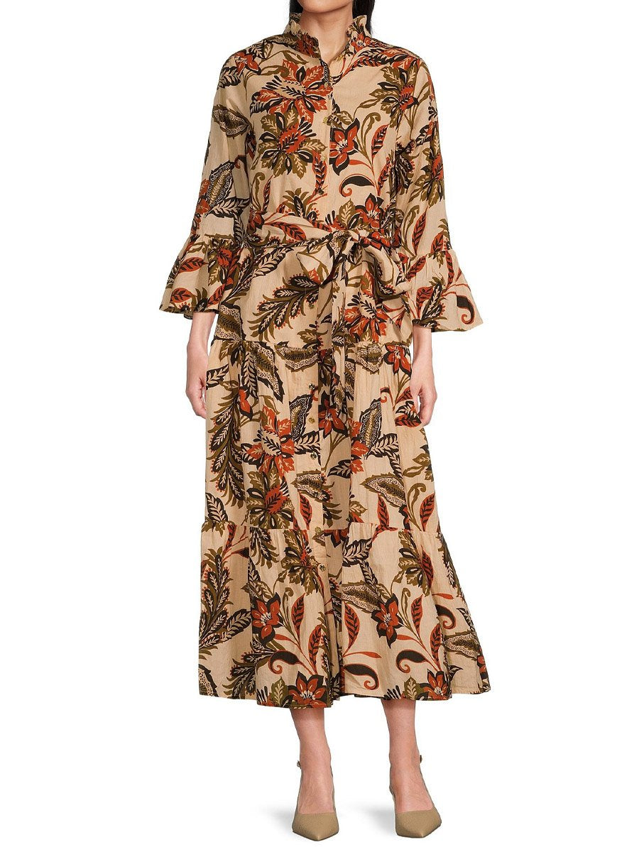 Ruffle Mock Neck Long Sleeve Floral Print Belted Midi Dress