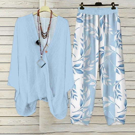 Fresh Blue V-Neck Long Sleeve Two Piece Set