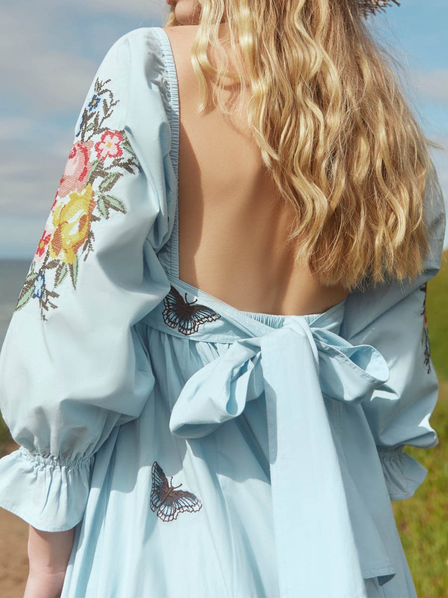 Floral Embroidery Fringed Square Collar Dress