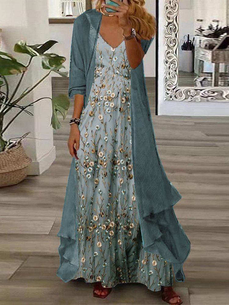 Youthful Ditsy Floral Print Maxi Dress With Thin Jacket Two Piece