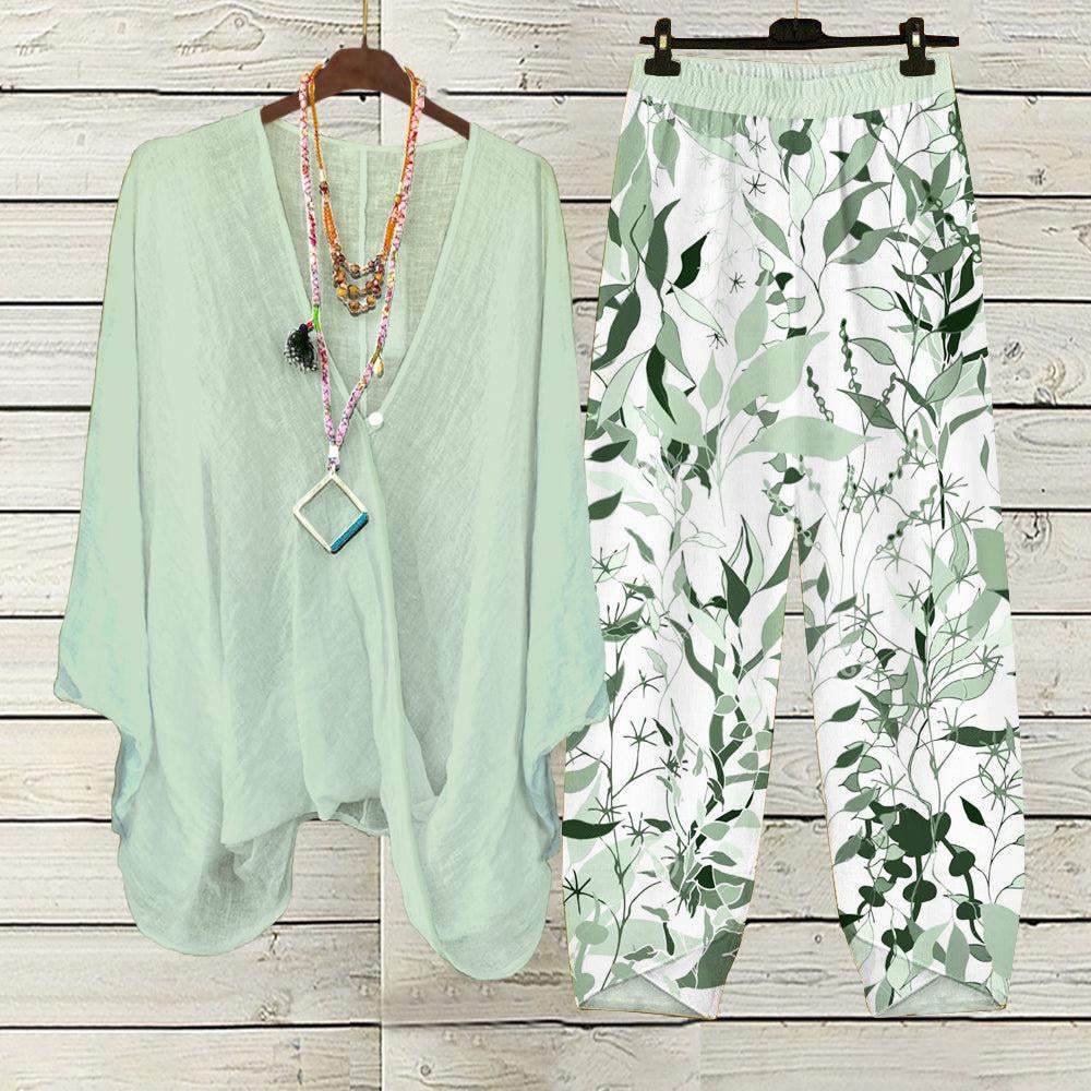 Chic Plant Print V-Neck Two Piece Set