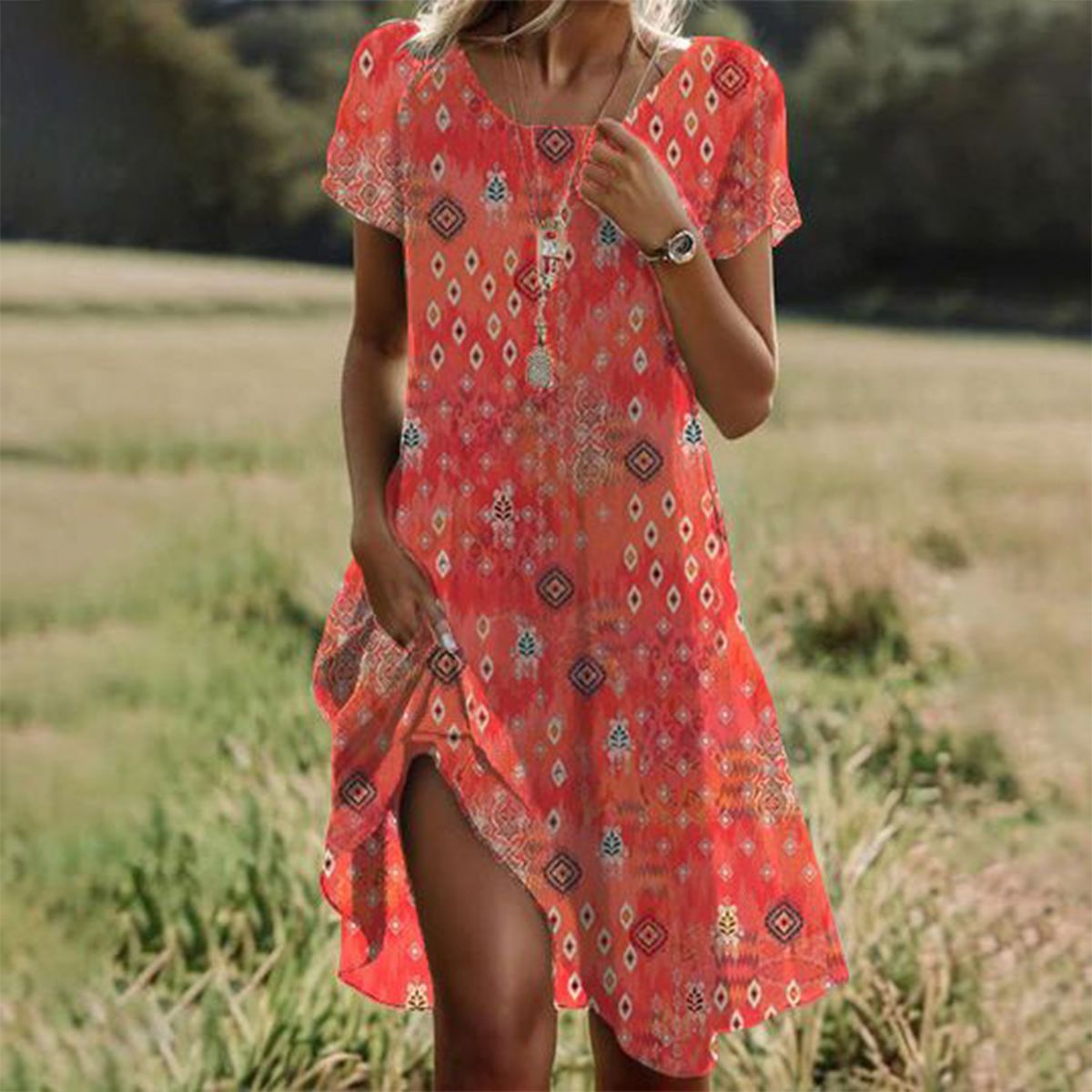 Orange Short Sleeve Round Neck Midi Dress