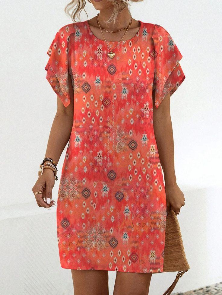 Bright Orange Print Short Sleeve Mini Dress