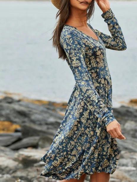 Floral V-Neckline Long Sleeve Knee-Length A-line Dress