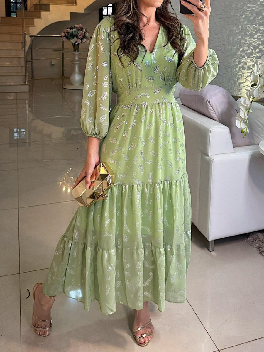 Hot Stamping V Neck Long Sleeve Chiffon Maxi Dress