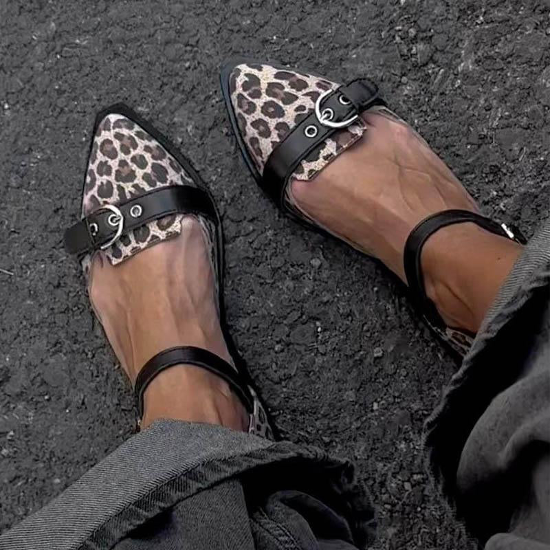 Pointed Toe Leopard Print Belt Buckle Flat Sandals