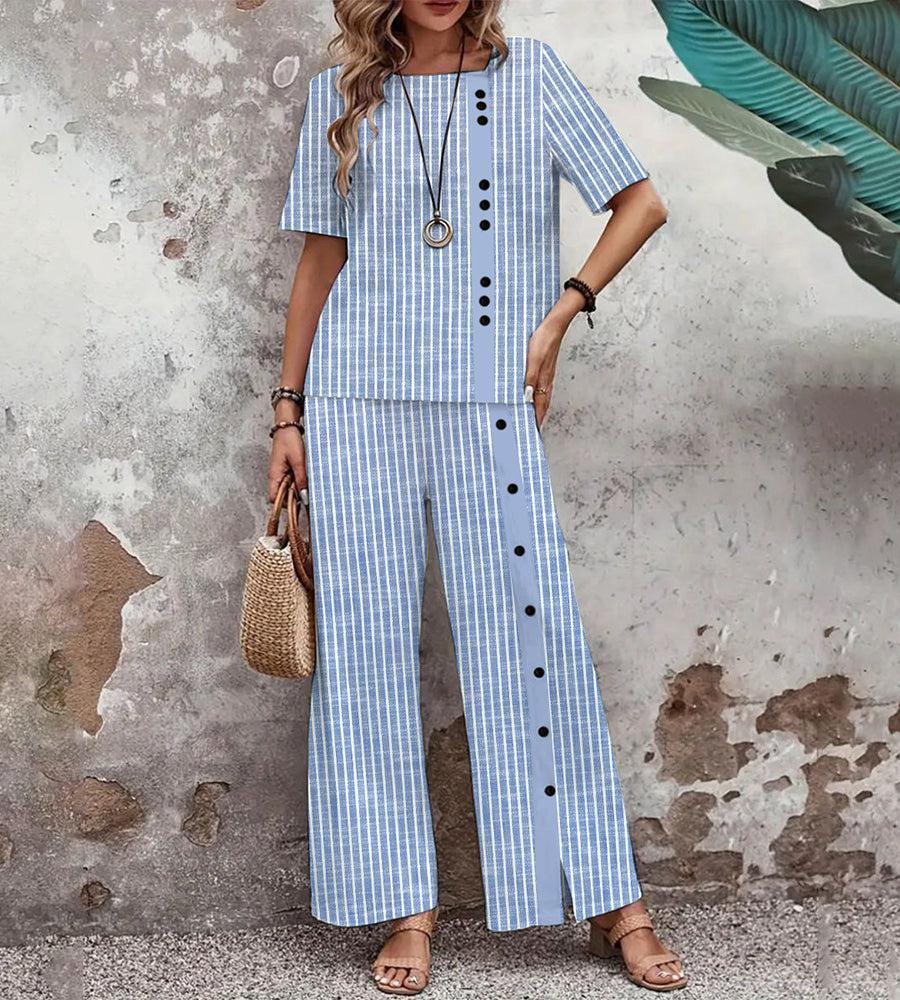 Chic Striped Round Neck Two Piece Set