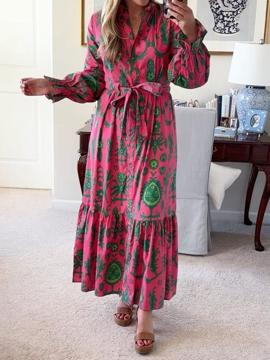 Printed Lace Up Long Sleeve Maxi Dress