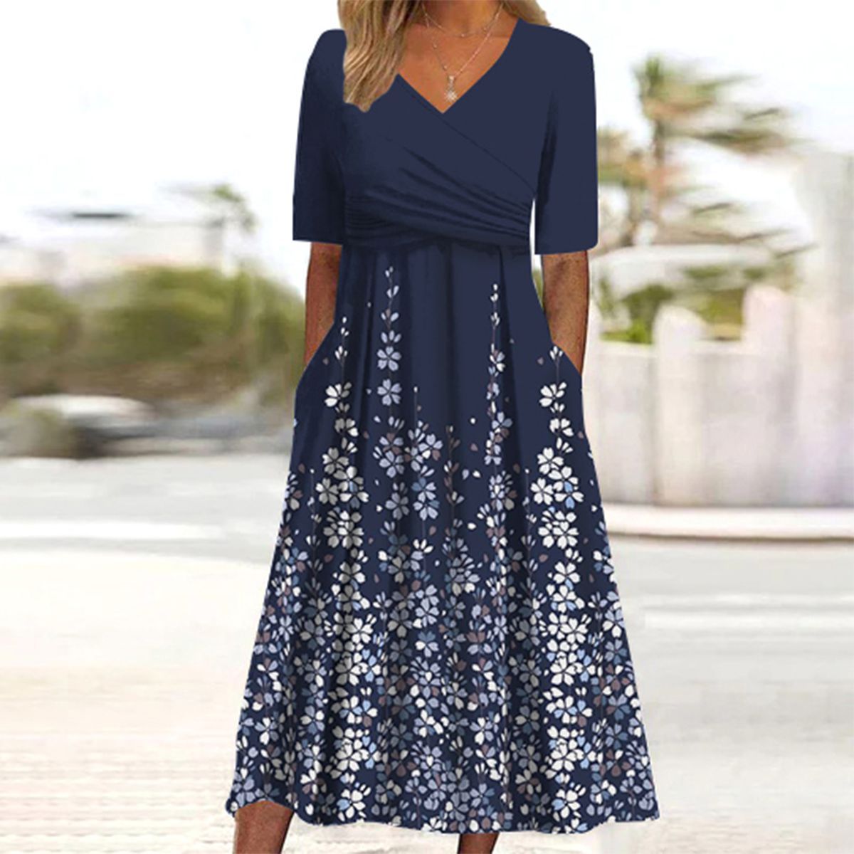 Navy Short Sleeve Side Pocket Midi Dress