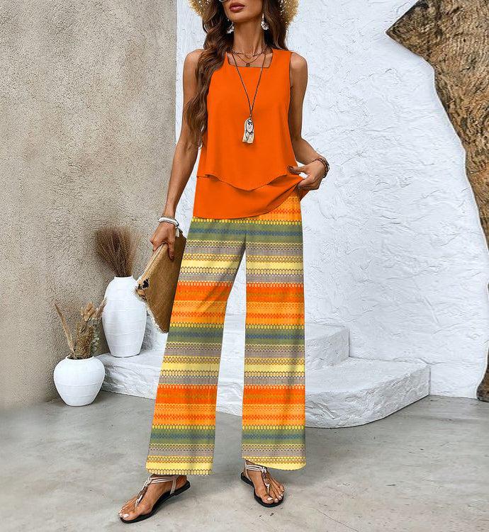 Orange Geometric Sleeveless Two Piece Set