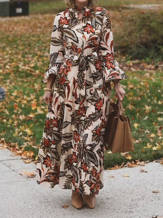 Ruffle Mock Neck Long Sleeve Floral Print Belted Midi Dress