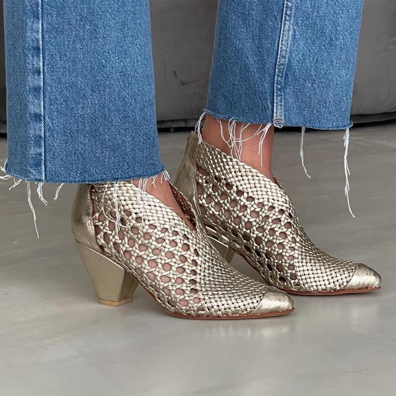 Woven Pointed Block Heel Ankle Boots