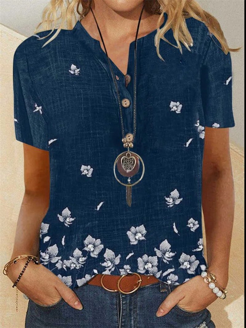 Flower Print Short Sleeve Stand Collar Shirt