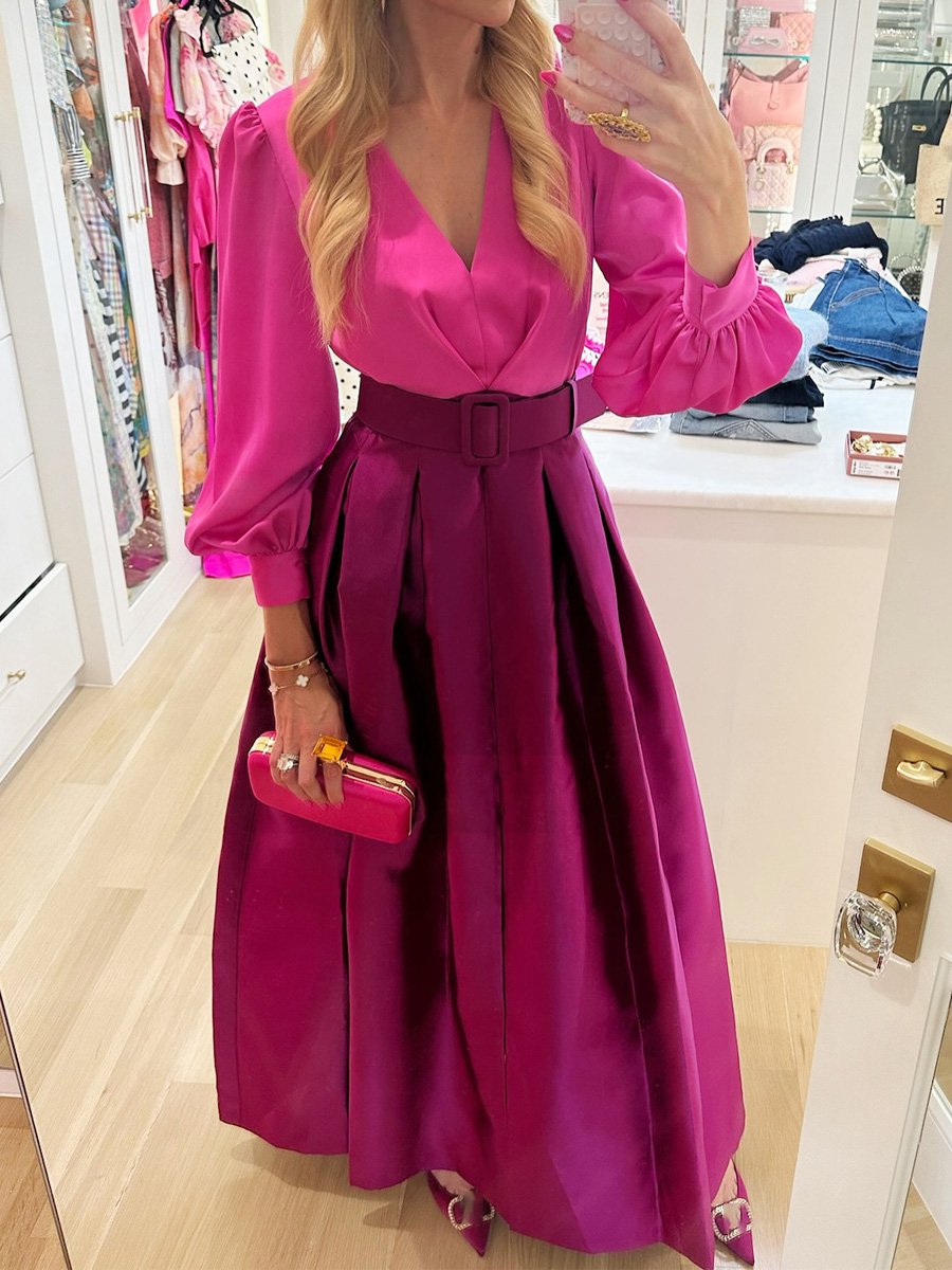 Deep V Neck Patchwork Belted Pleated Dress