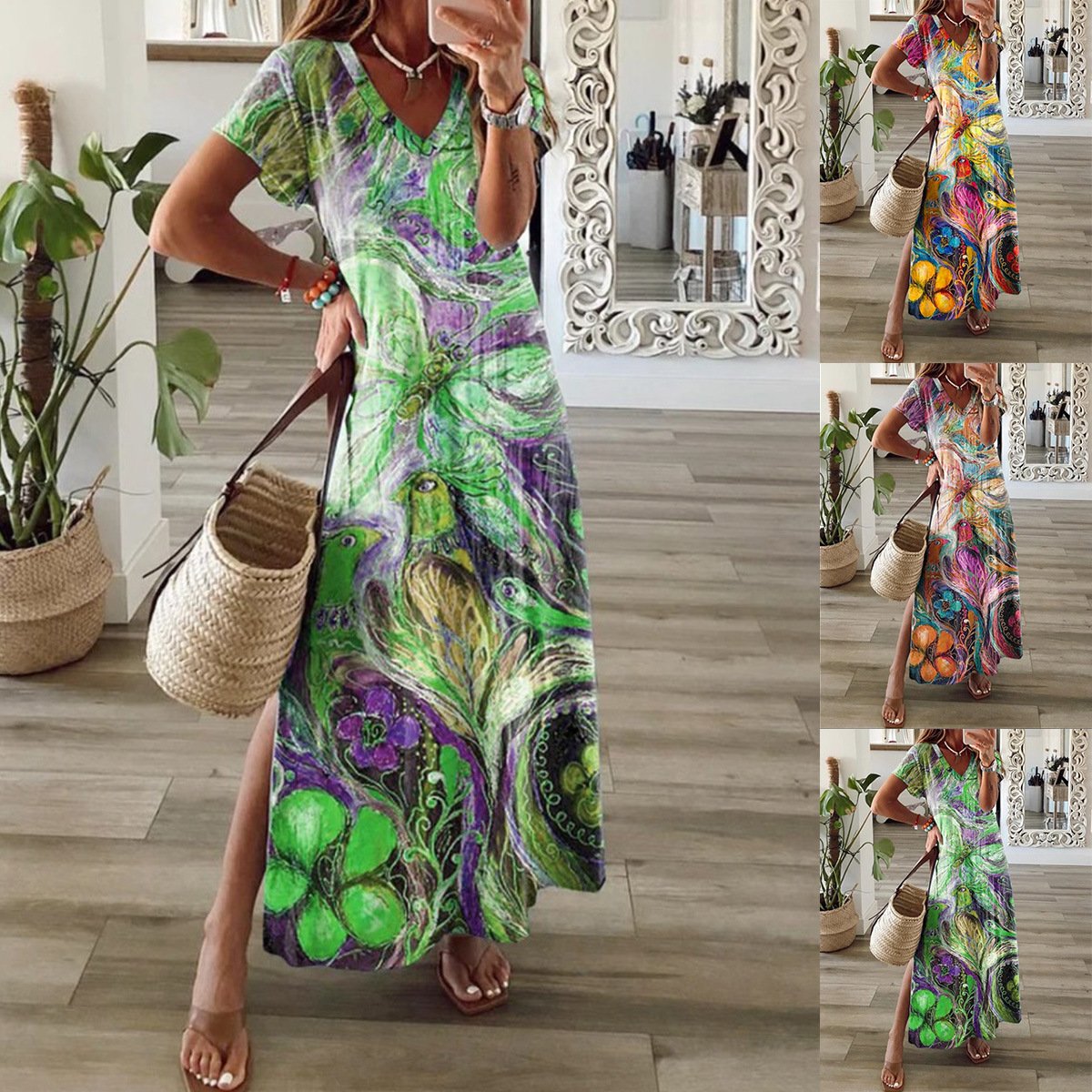 V-neck Short Sleeve Multicolor Printing  Dress