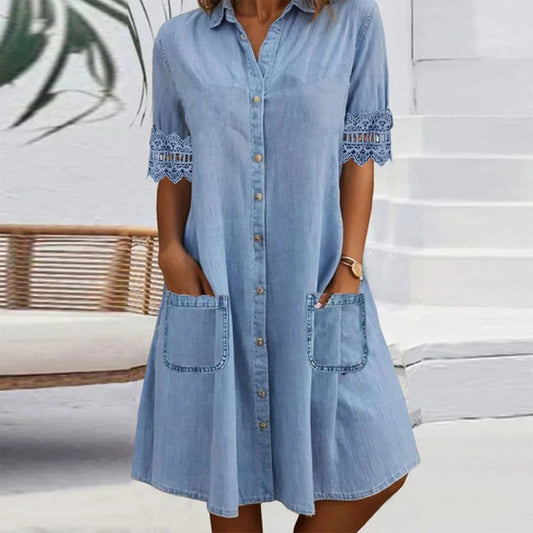 Blue Plain Collared Lace Trim Denim MIni Dress