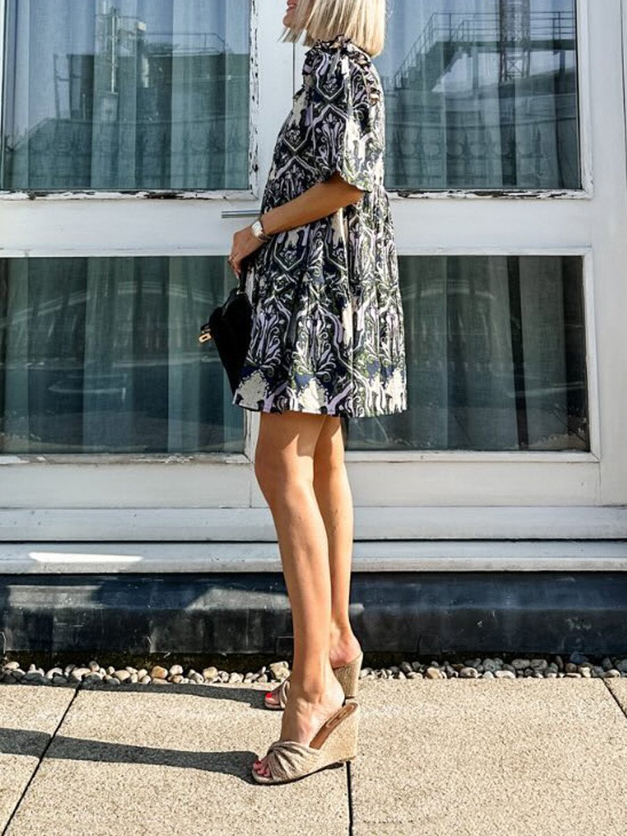 Ruffled Puff Sleeve Printed Mini Dress