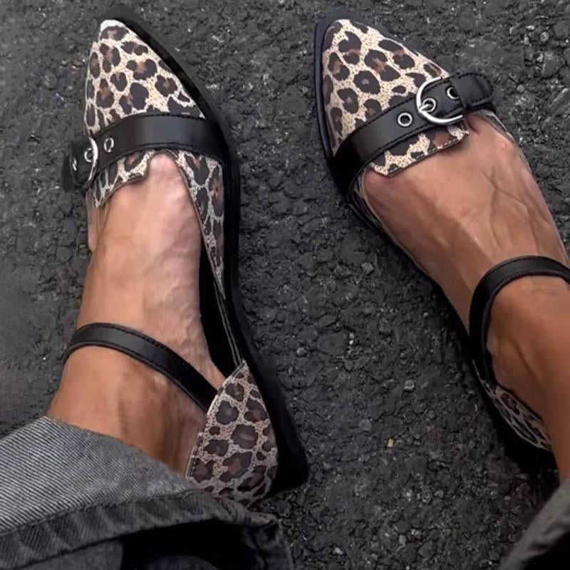 Pointed Toe Leopard Print Belt Buckle Flat Sandals