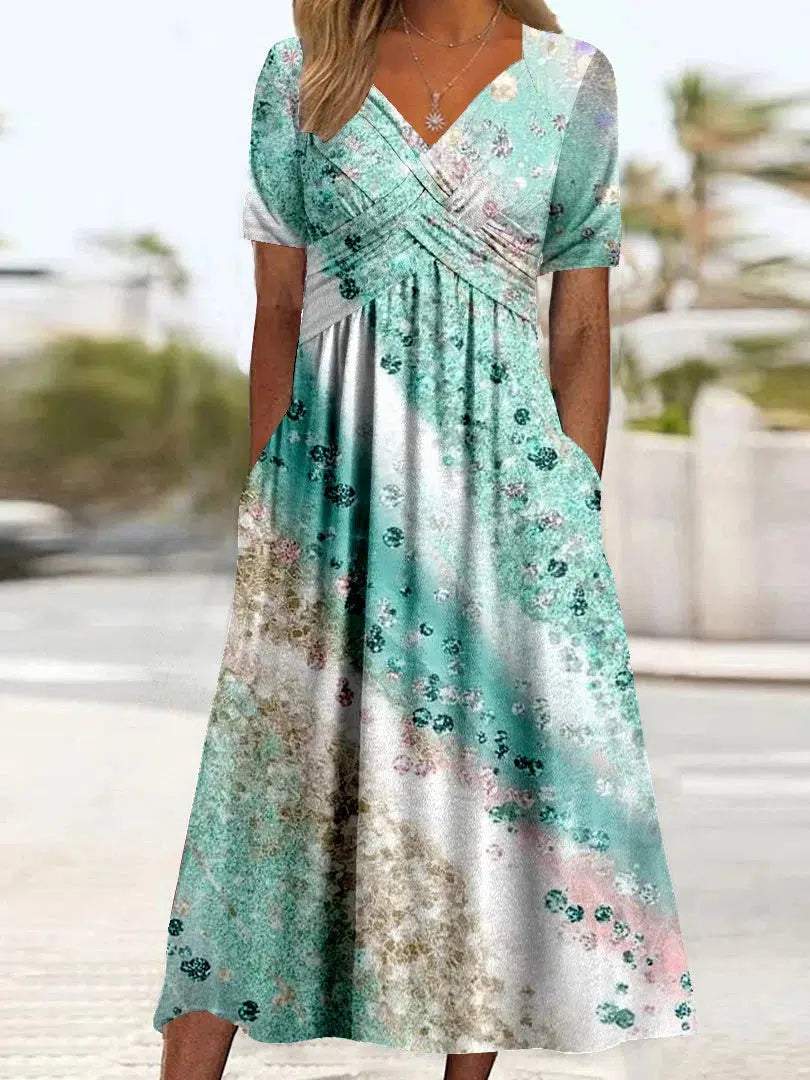 Dreamy Short Sleeve Ocean Print Midi Dress