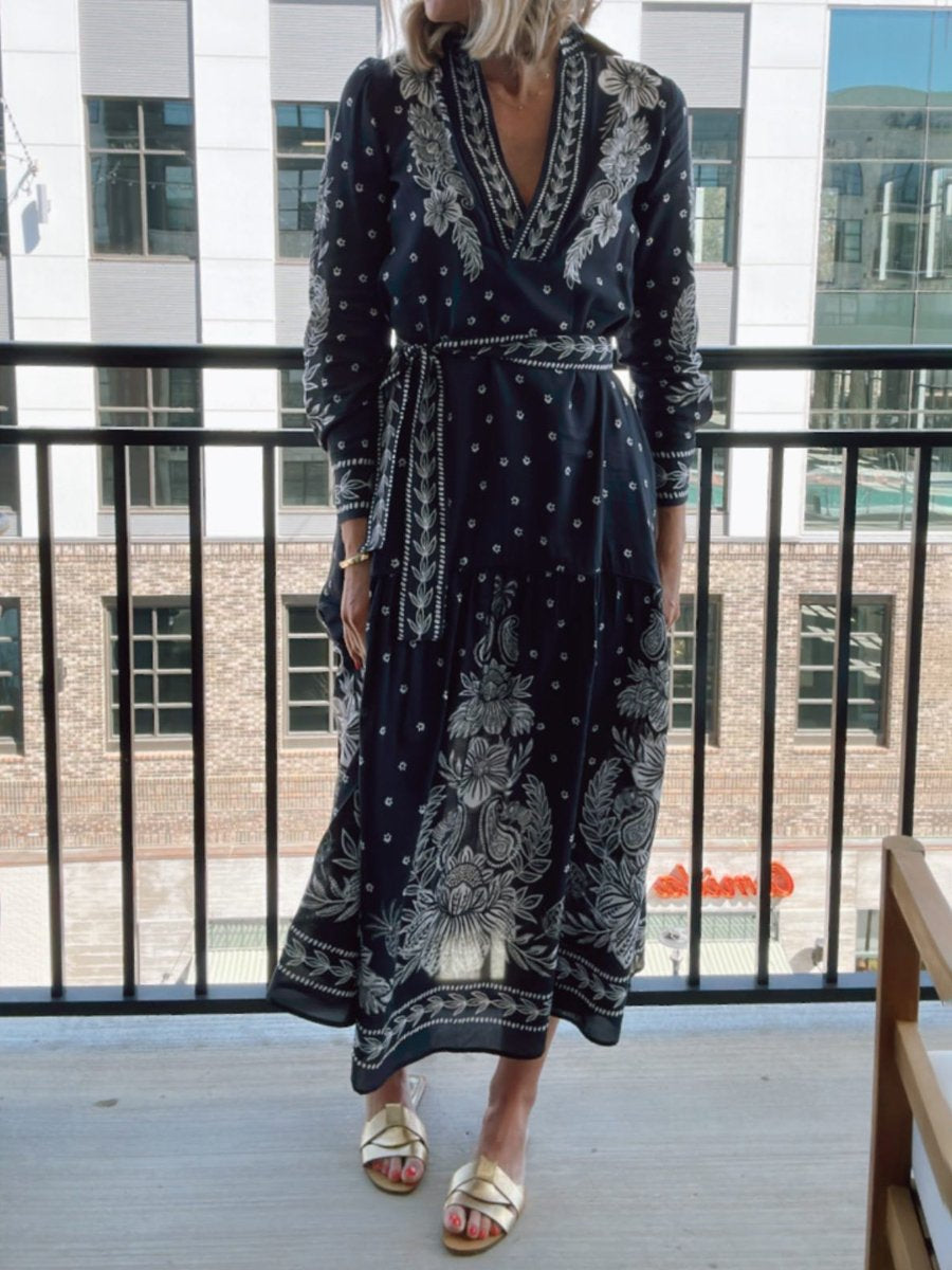 Printed Long Sleeve Lace Up Maxi Dress