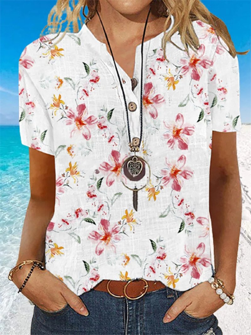 Flower Print Short Sleeve Stand Collar Shirt