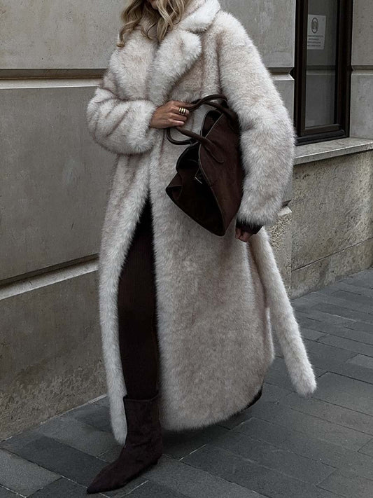 Wide Lapel Faux Fur Long Coat