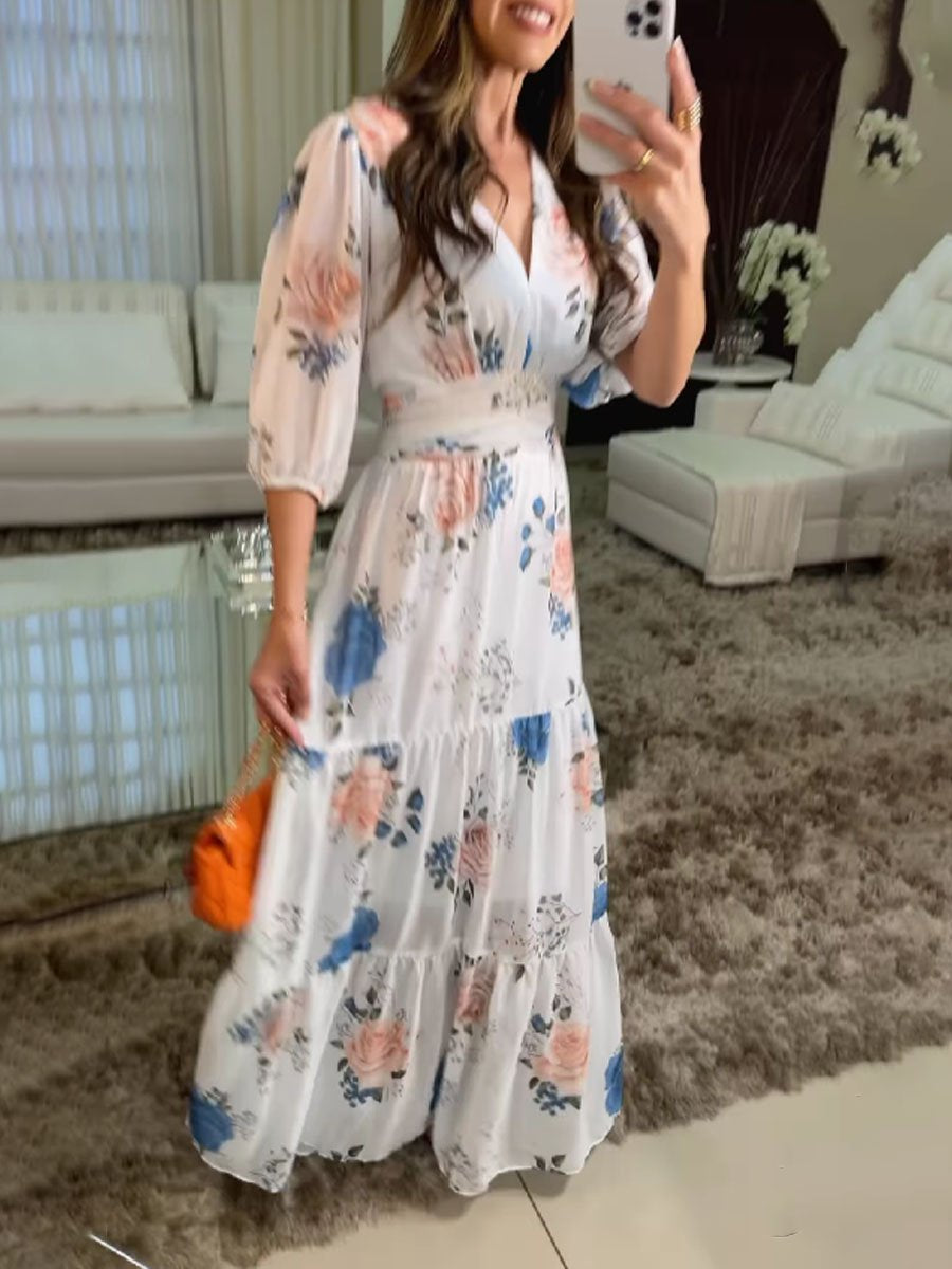 Printed V Neck Maxi Dress