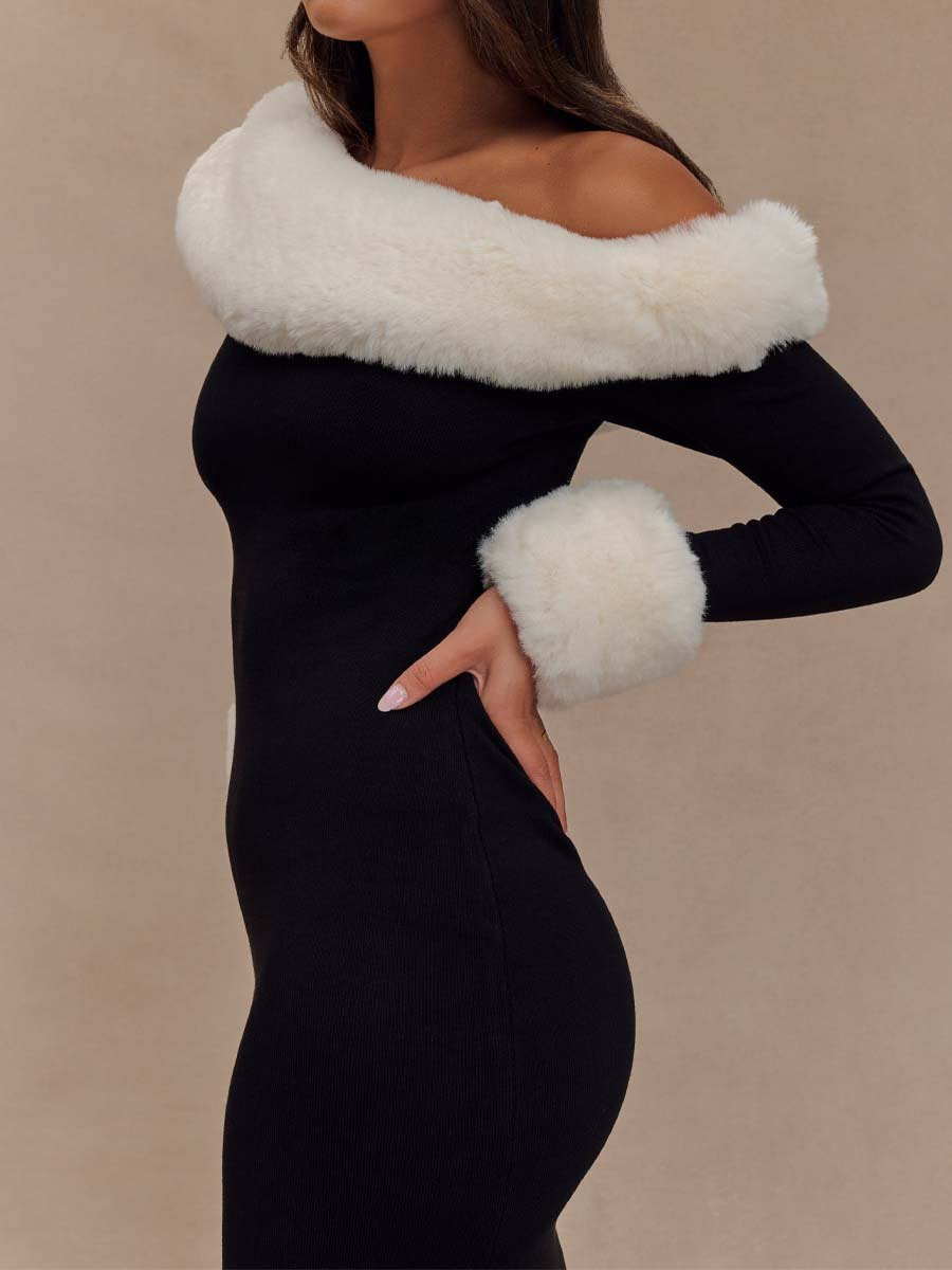 Faux Fur Knit Long Sleeve Maxi Dress