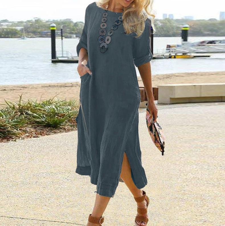 Solid Color Short Sleeve Round Neck Midi Casual Dress