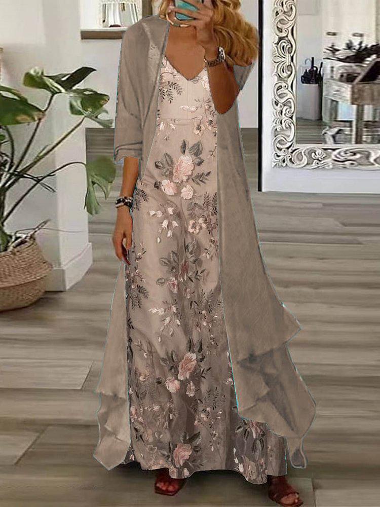 Youthful Ditsy Floral Print Maxi Dress With Thin Jacket Two Piece