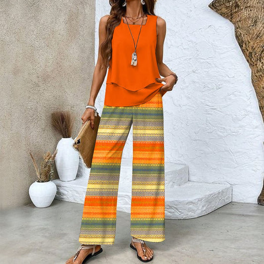 Orange Geometric Sleeveless Two Piece Set