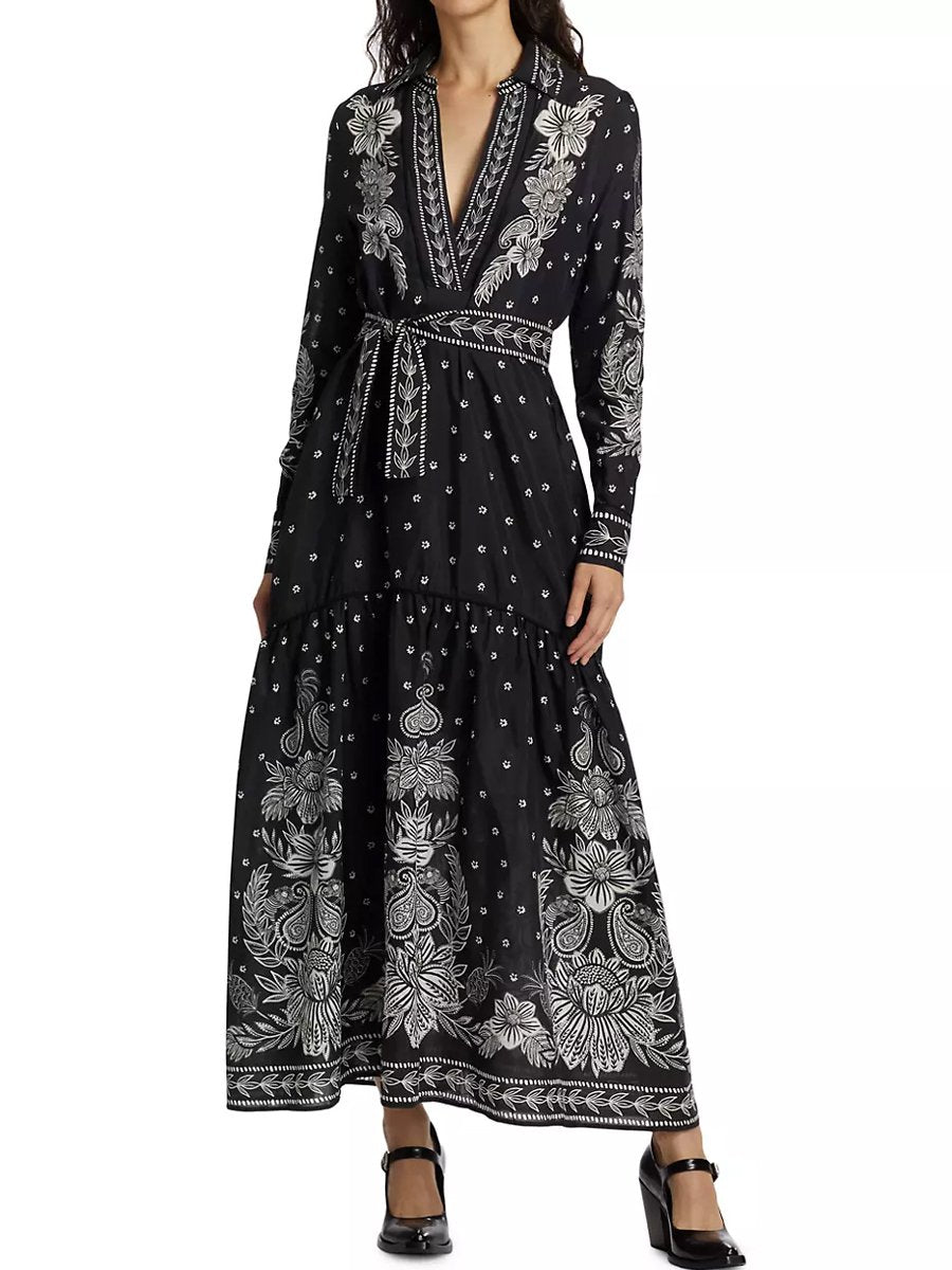 Printed Long Sleeve Lace Up Maxi Dress