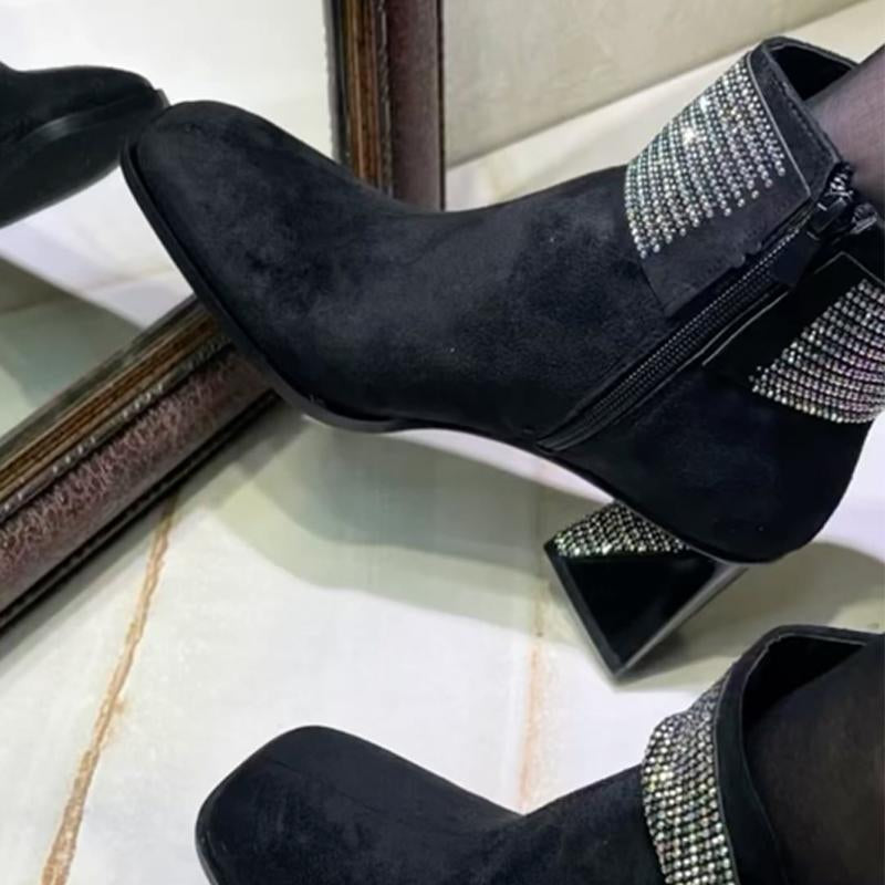 Rhinestone Sparkle Thick Heel Ankle Boots