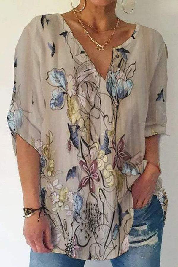 Retro Apricot Plant Print Short Sleeve V-Neck Top