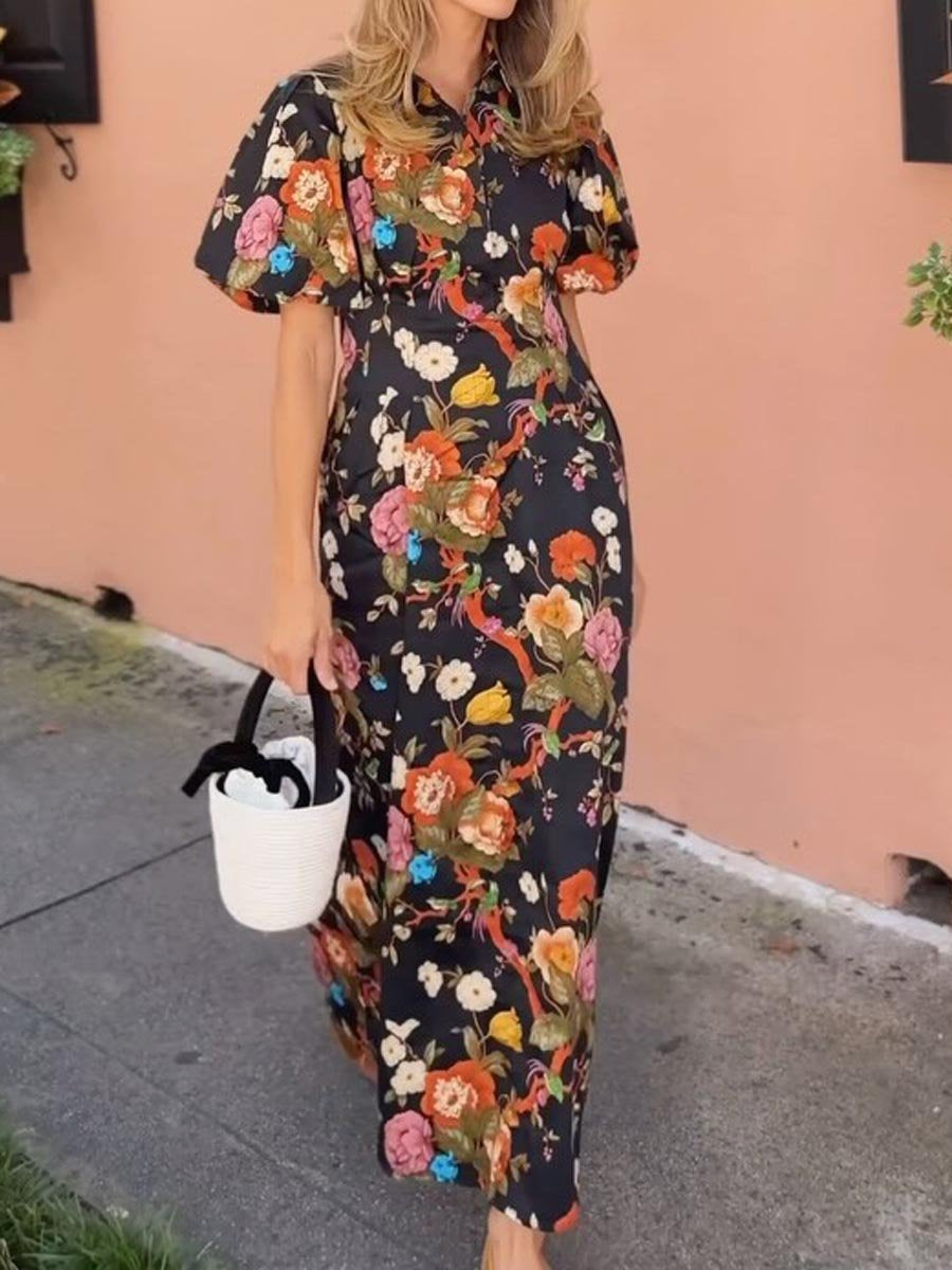 Floral Print Puff Sleeve Maxi Shirtdress (Buy 2 Free Shipping✔️)