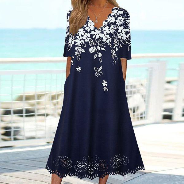 SHORT SLEEVE V-NECK FLORAL PRINTED MIDI DRESS