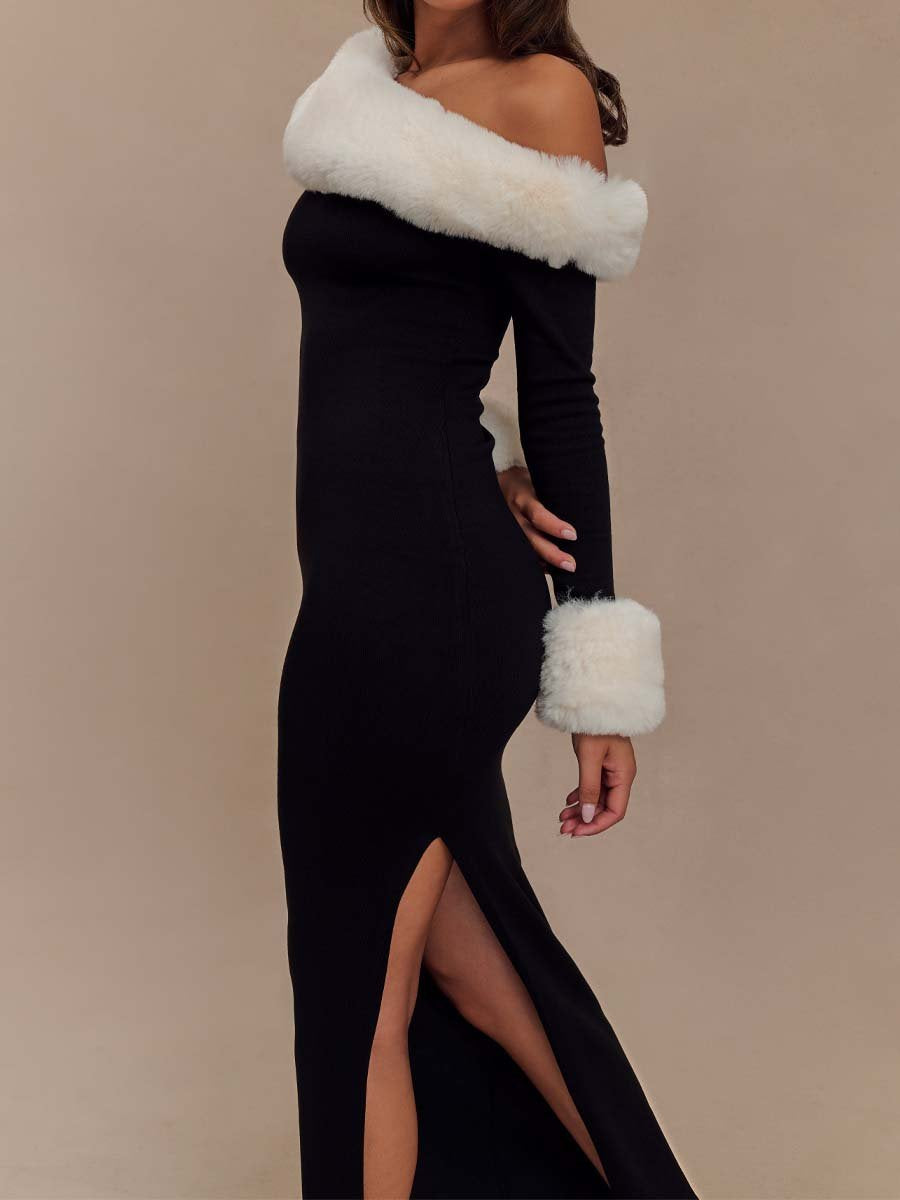 Faux Fur Knit Long Sleeve Maxi Dress