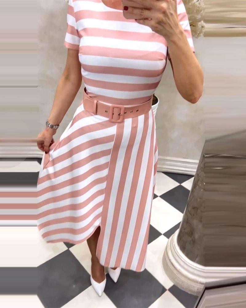 Pink Striped Short Sleeve Maxi Dress