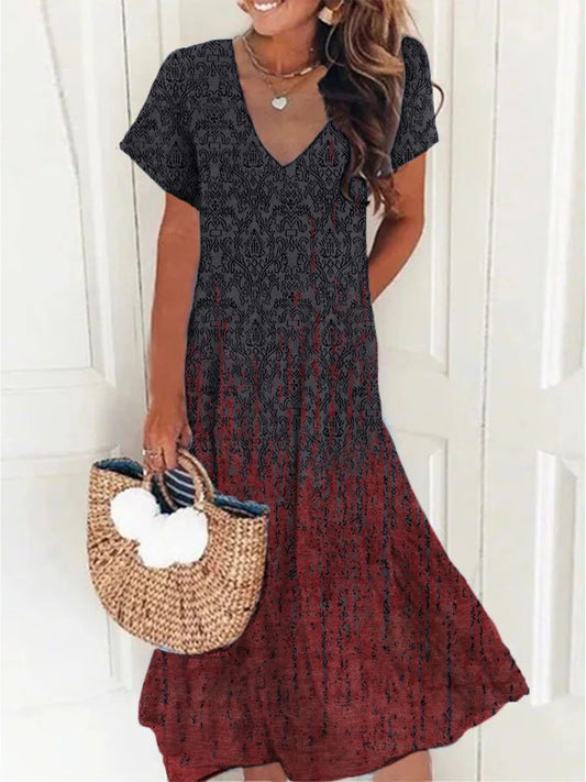 V-neck Short Sleeve Printed Dress