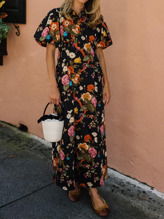 Floral Print Puff Sleeve Maxi Shirtdress (Buy 2 Free Shipping✔️)