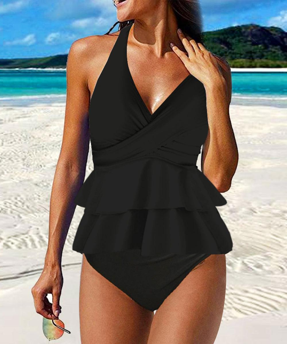 Black Plain Sleeveless Swimwear